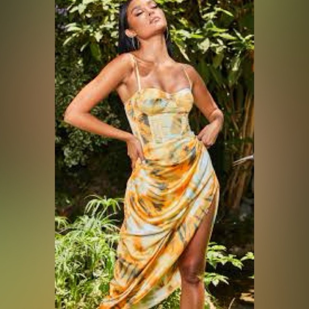 PrettyLittleThing Strapless Orange and Blue Dress